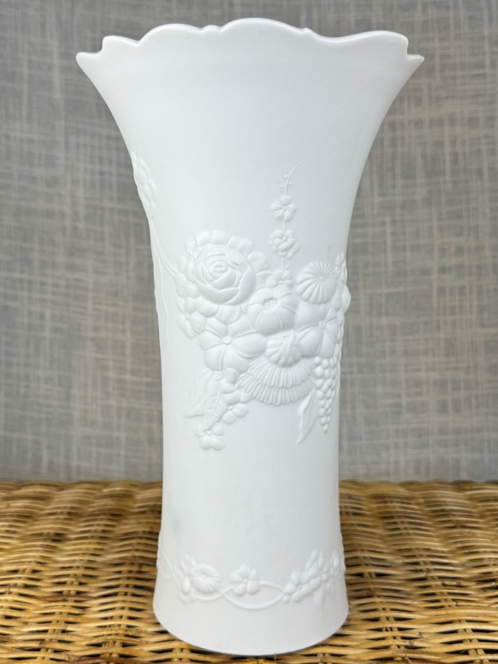 Kaiser Germany Bisque Porcelain Vase Scalloped Rim Floral Relief 11.5” Vintage